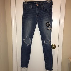 American Eagle Jegging Sz 8 Mid Rise Skinny Jeans Graffiti Patches Stretchy